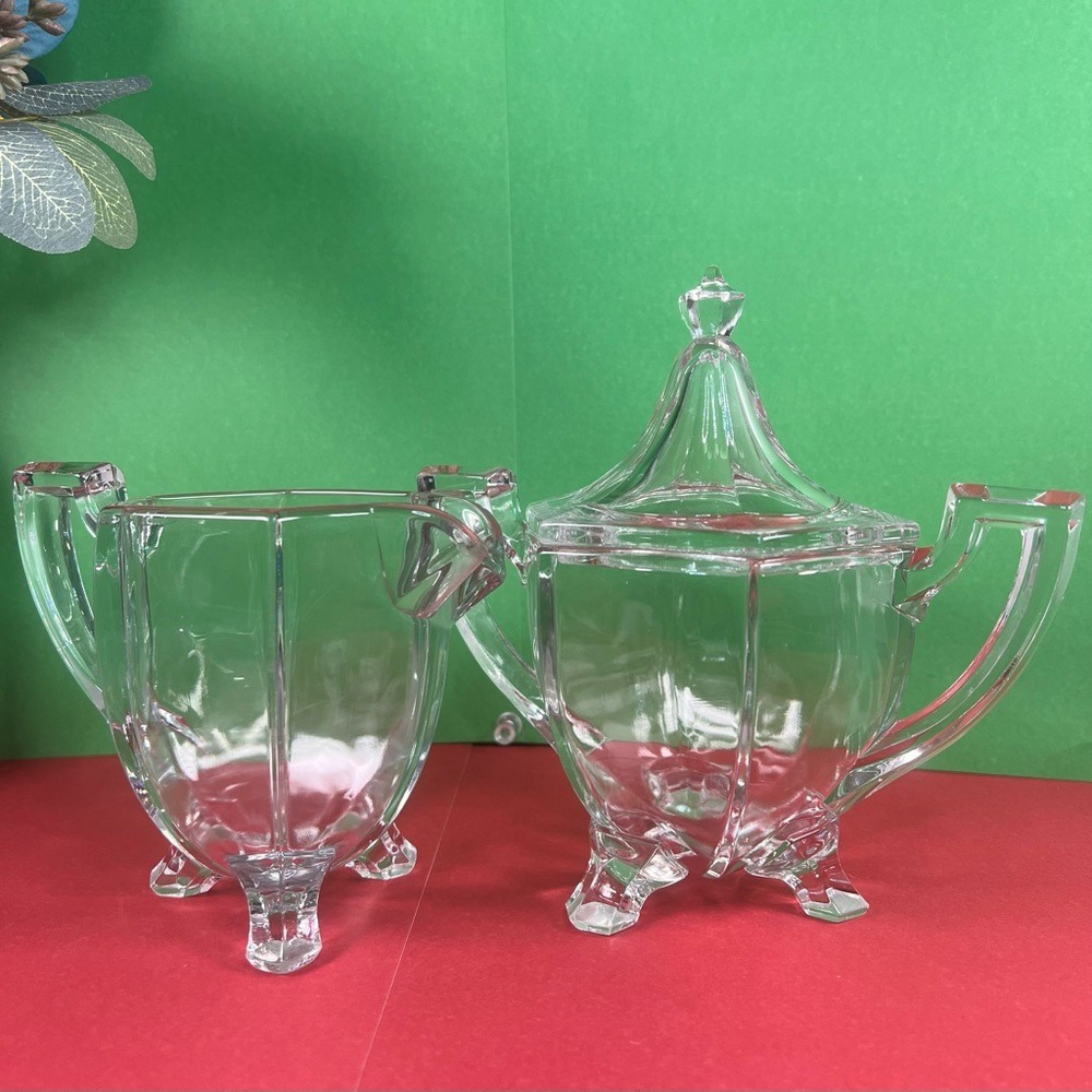Krys-Tol Chippendale Tri-Footed Sugar Bowl & Creamer Jefferson Glass Collectable